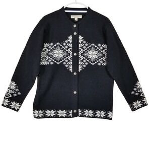 Baltic‎ Inspirations Wool Cardigan Sweater Womens Medium Black Nordic Snowflake